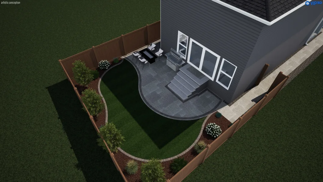 3D landscape design render for 48 Magnolia Green SE: curved paver patio with outdoor dining, built-in grill area, stone steps and perimeter garden beds, Calgary