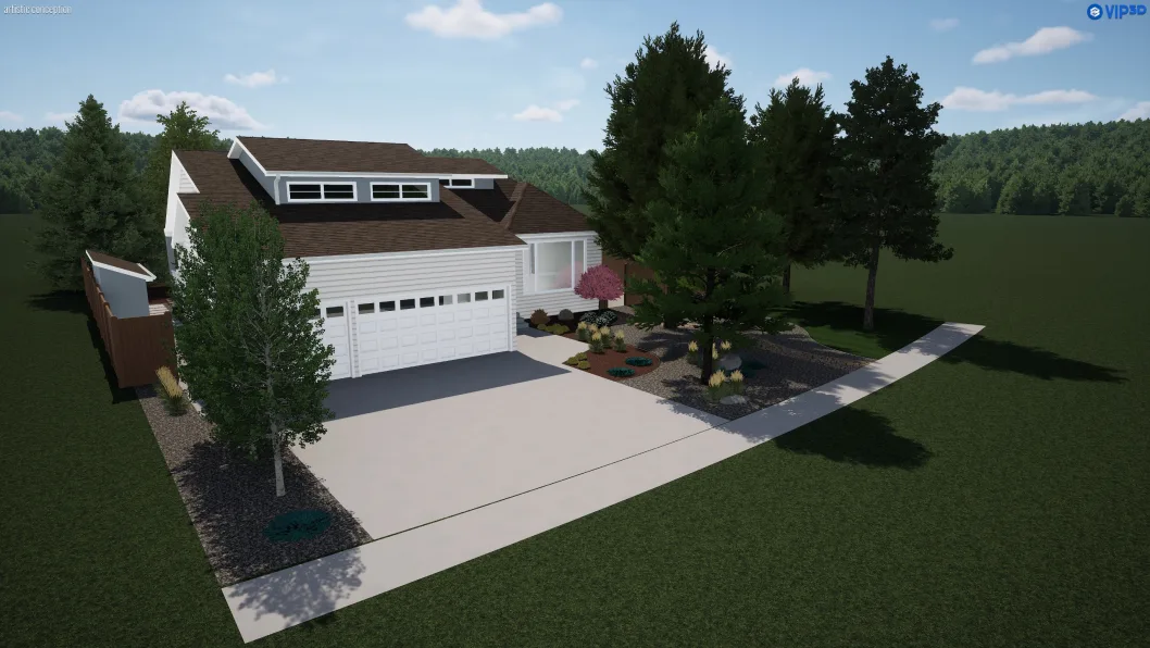 3D landscape design render for 1019 Lake Placid Drive: front yard and driveway area with planting scheme and softscape plan, Calgary