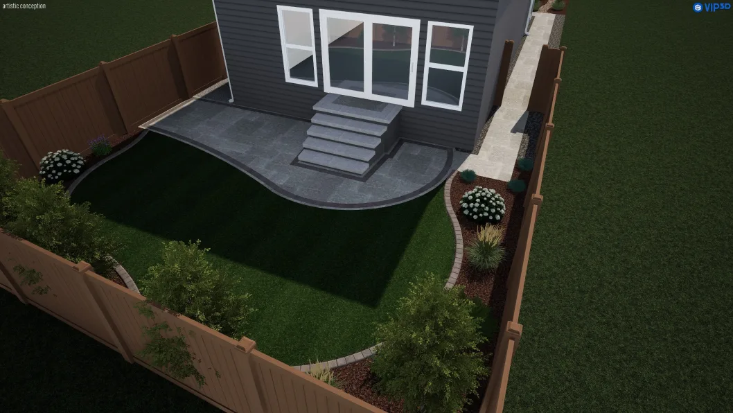 3D landscape design render for 48 Magnolia Green SE: backyard with paver patio, deck, lawn and perimeter planting beds, Calgary